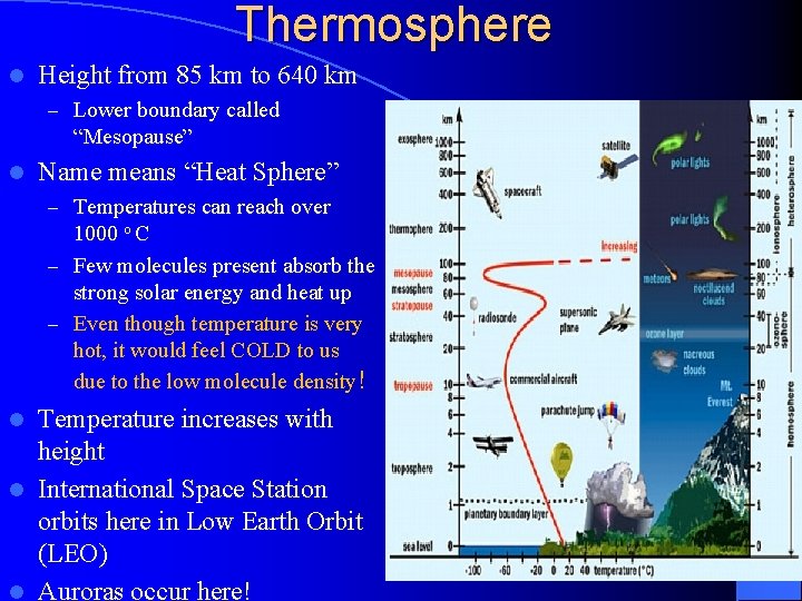 Thermosphere l Height from 85 km to 640 km – Lower boundary called “Mesopause”