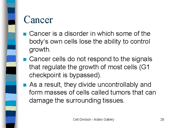 Cancer n n n Cancer is a disorder in which some of the body’s