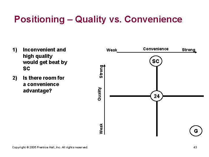 Positioning – Quality vs. Convenience Copyright © 2005 Prentice Hall, Inc. All rights reserved.