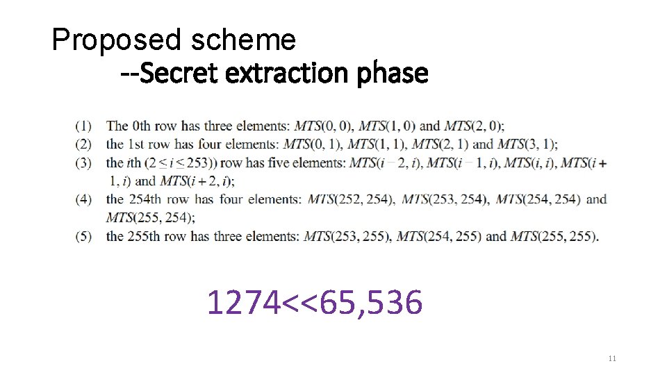 Proposed scheme --Secret extraction phase 1274<<65, 536 11 