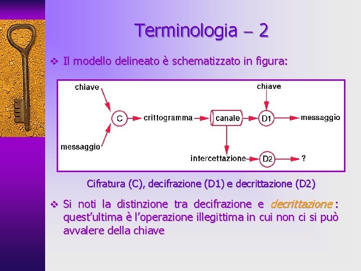 Terminologia 2 v Il modello delineato è schematizzato in figura: Cifratura (C), decifrazione (D