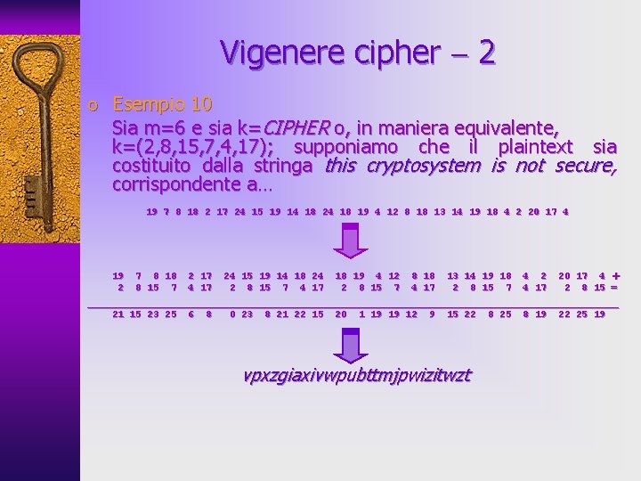 Vigenere cipher 2 o Esempio 10 Sia m=6 e sia k=CIPHER o, in maniera