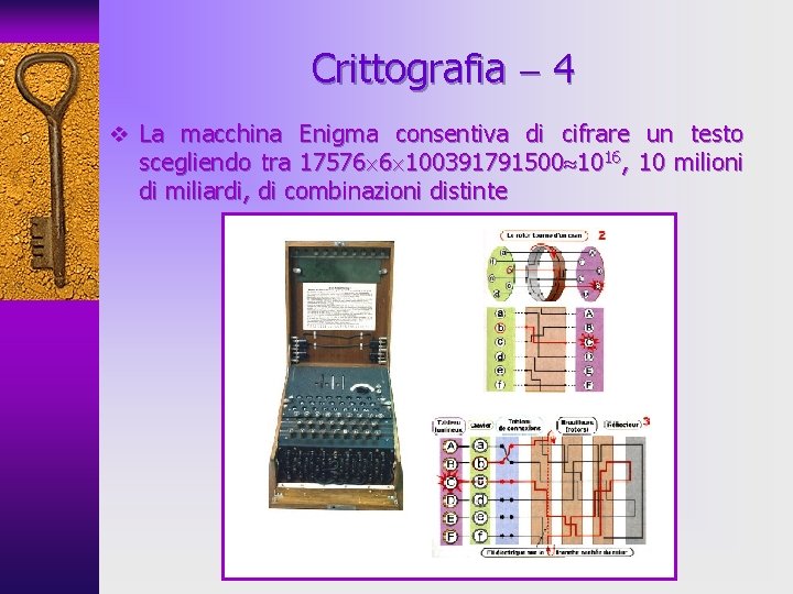 Crittografia 4 v La macchina Enigma consentiva di cifrare un testo scegliendo tra 17576