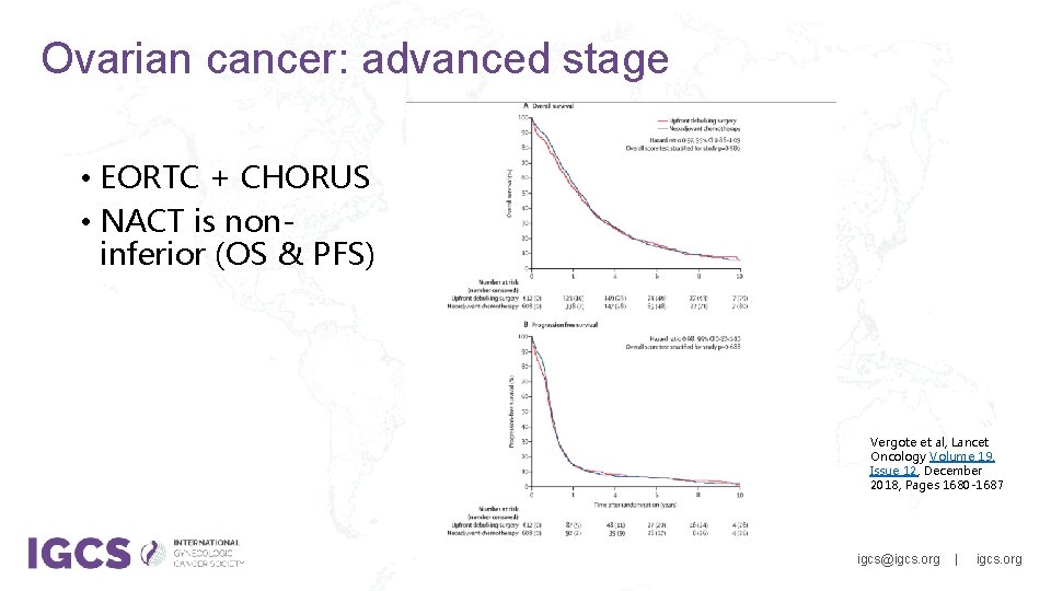 Ovarian cancer: advanced stage • EORTC + CHORUS • NACT is noninferior (OS &