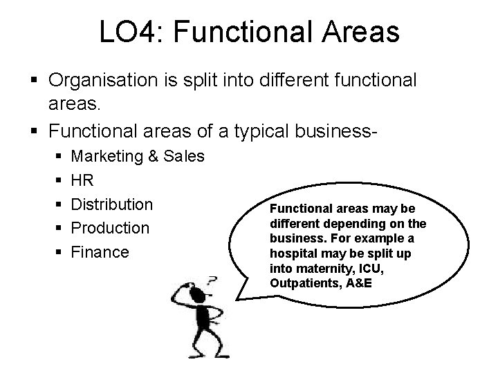 LO 4: Functional Areas § Organisation is split into different functional areas. § Functional