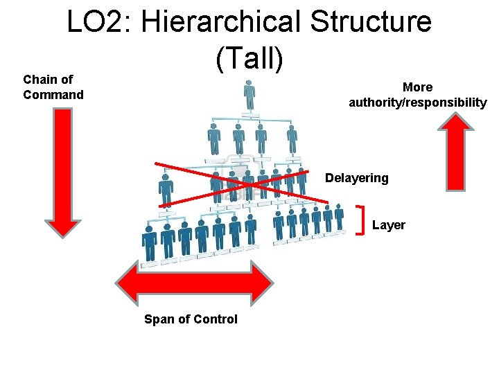 LO 2: Hierarchical Structure (Tall) Chain of Command More authority/responsibility Delayering Layer Span of