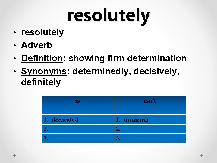 resolutely • • resolutely Adverb Definition: showing firm determination Synonyms: determinedly, decisively, definitely is
