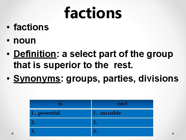factions • factions • noun • Definition: a select part of the group that