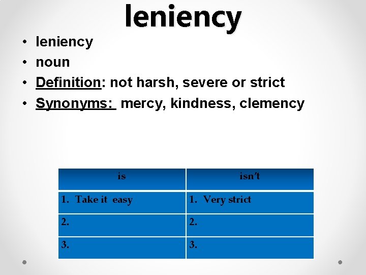  • • leniency noun Definition: not harsh, severe or strict Synonyms: mercy, kindness,