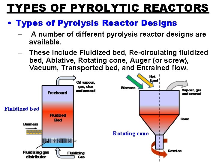 TYPES OF PYROLYTIC REACTORS • Types of Pyrolysis Reactor Designs – A number of