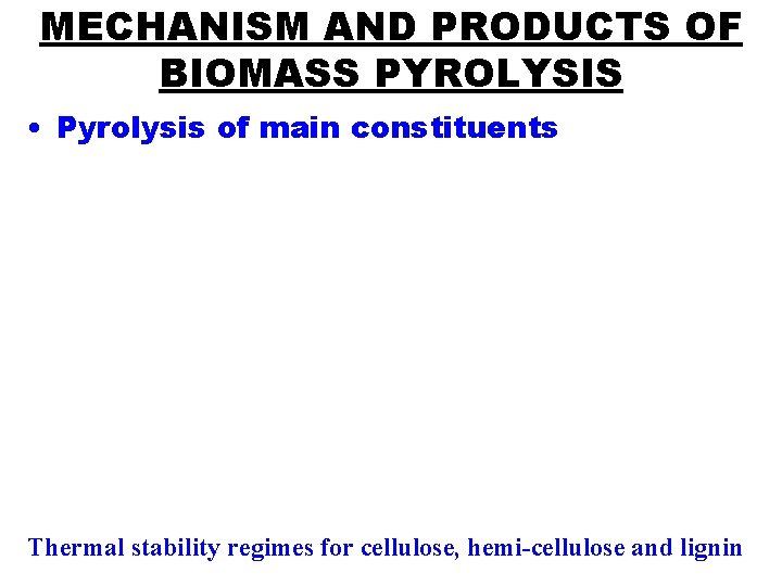 MECHANISM AND PRODUCTS OF BIOMASS PYROLYSIS • Pyrolysis of main constituents Thermal stability regimes