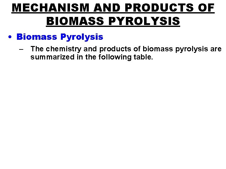 MECHANISM AND PRODUCTS OF BIOMASS PYROLYSIS • Biomass Pyrolysis – The chemistry and products
