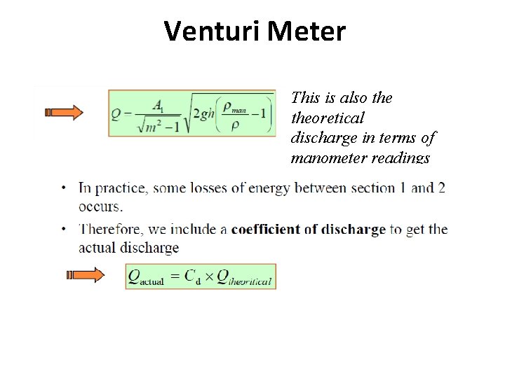 Venturi Meter This is also theoretical discharge in terms of manometer readings 