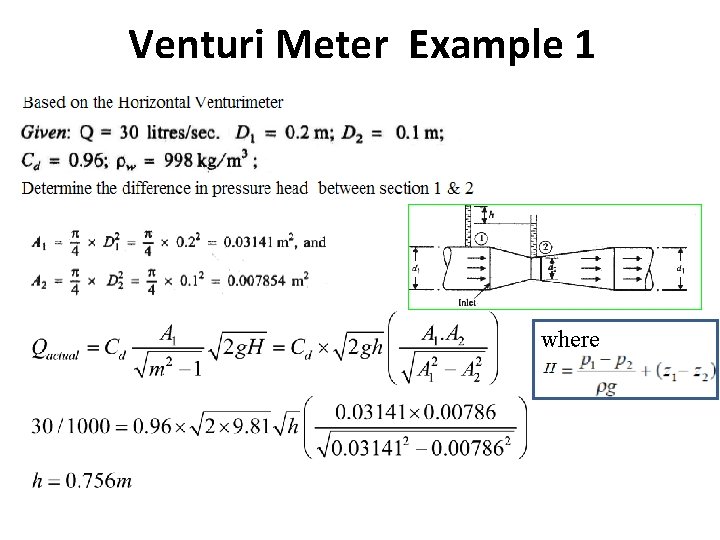 Venturi Meter Example 1 where 