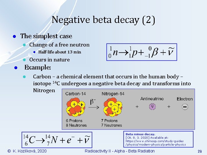 Negative beta decay (2) l The simplest case l Change of a free neutron