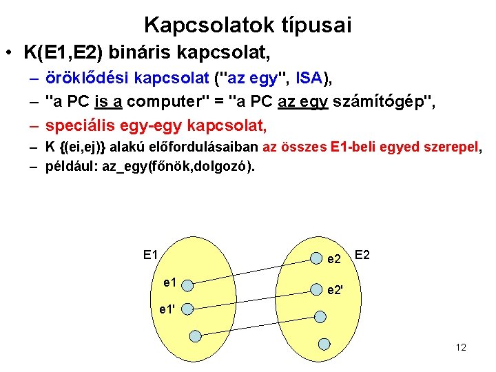 Kapcsolatok típusai • K(E 1, E 2) bináris kapcsolat, – öröklődési kapcsolat ("az egy",