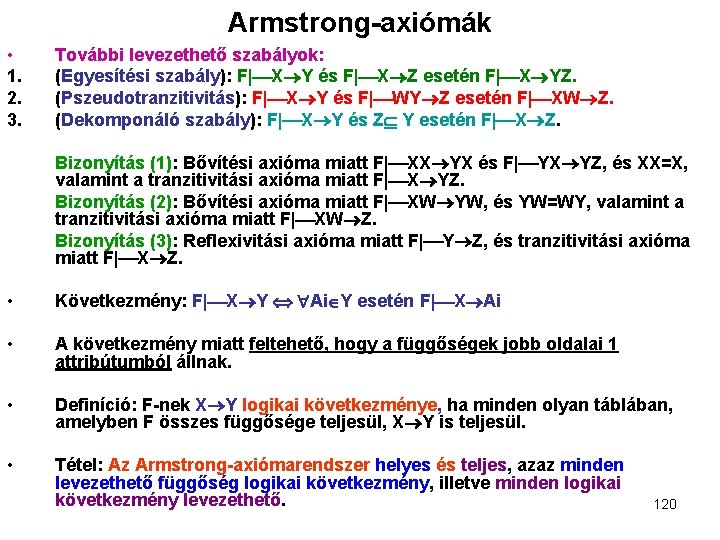 Armstrong-axiómák • 1. 2. 3. További levezethető szabályok: (Egyesítési szabály): F| X Y és