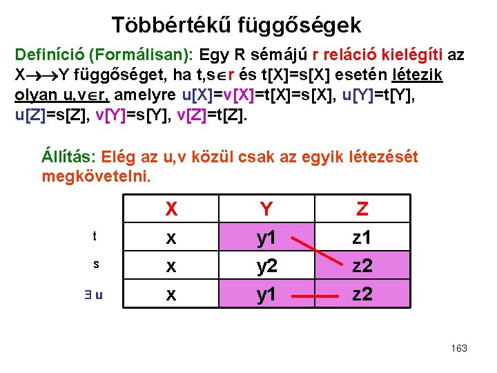 Többértékű függőségek Definíció (Formálisan): Egy R sémájú r reláció kielégíti az X Y függőséget,