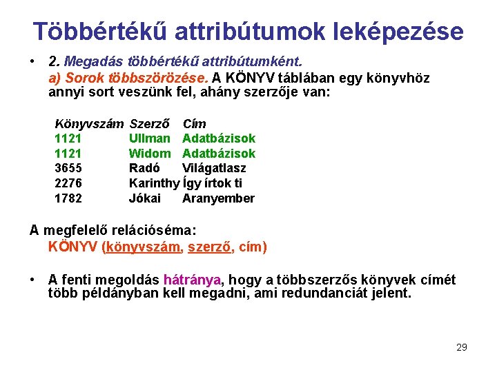 Többértékű attribútumok leképezése • 2. Megadás többértékű attribútumként. a) Sorok többszörözése. A KÖNYV táblában