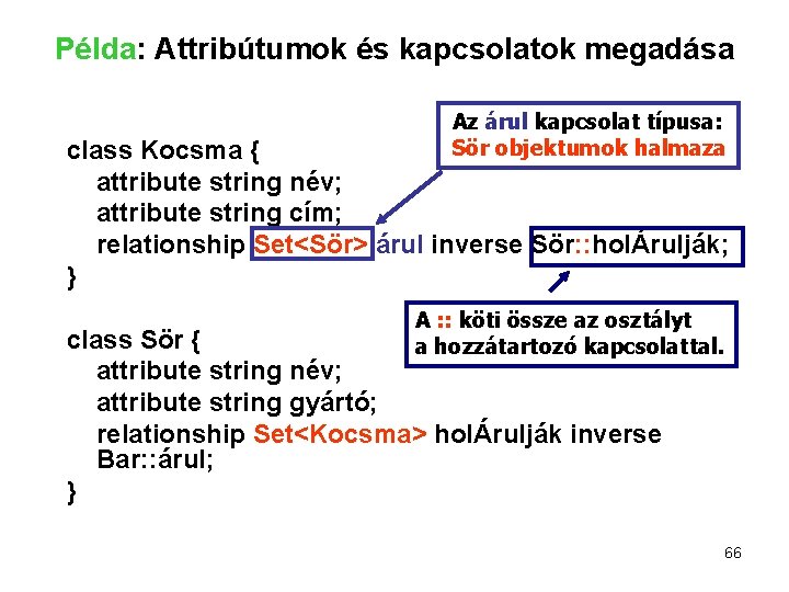 Példa: Attribútumok és kapcsolatok megadása Az árul kapcsolat típusa: Sör objektumok halmaza class Kocsma