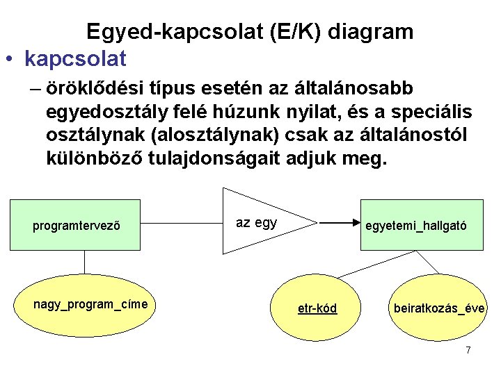 Egyed-kapcsolat (E/K) diagram • kapcsolat – öröklődési típus esetén az általánosabb egyedosztály felé húzunk