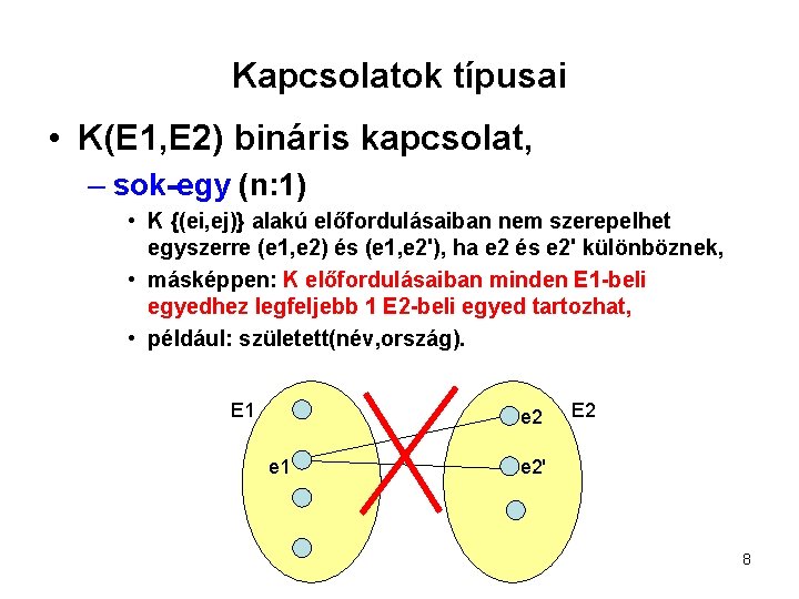 Kapcsolatok típusai • K(E 1, E 2) bináris kapcsolat, – sok-egy (n: 1) •