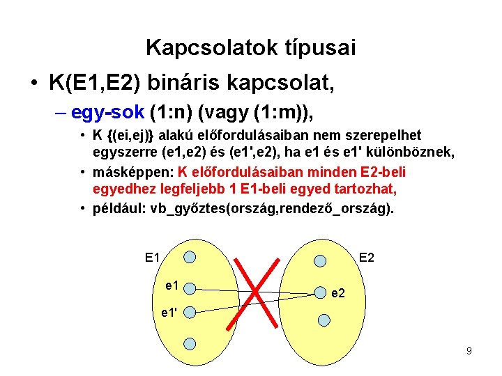 Kapcsolatok típusai • K(E 1, E 2) bináris kapcsolat, – egy-sok (1: n) (vagy