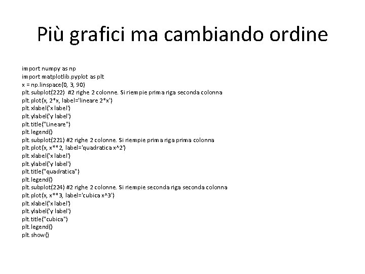 Più grafici ma cambiando ordine import numpy as np import matplotlib. pyplot as plt