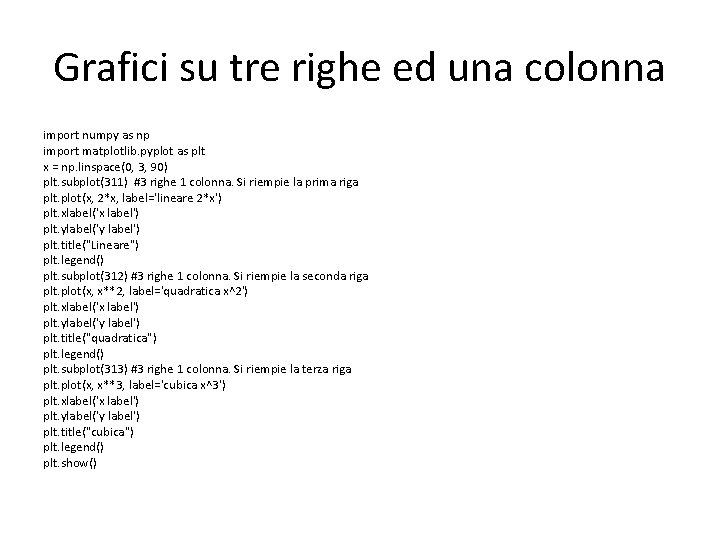 Grafici su tre righe ed una colonna import numpy as np import matplotlib. pyplot