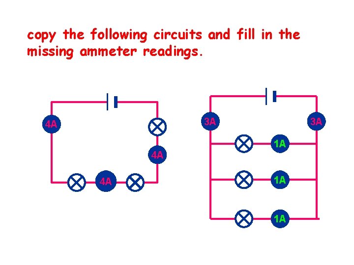 copy the following circuits and fill in the missing ammeter readings. 3 A ?