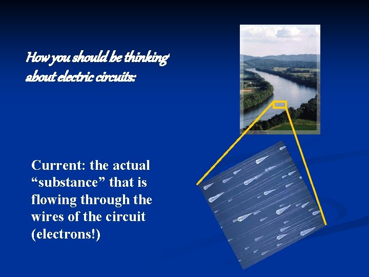 How you should be thinking about electric circuits: Current: the actual “substance” that is