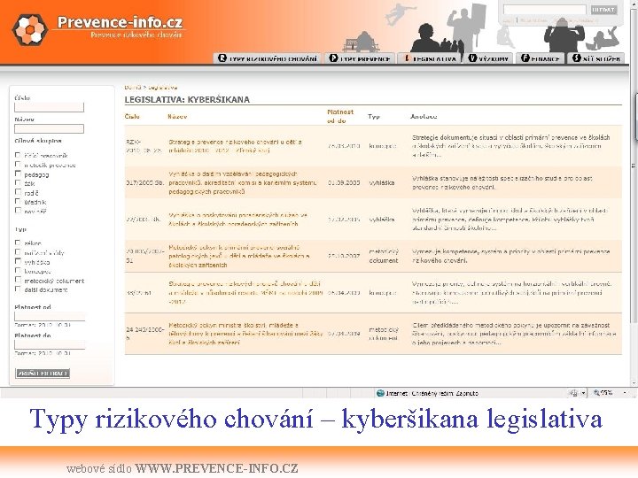 Typy rizikového chování – kyberšikana legislativa webové sídlo WWW. PREVENCE-INFO. CZ 