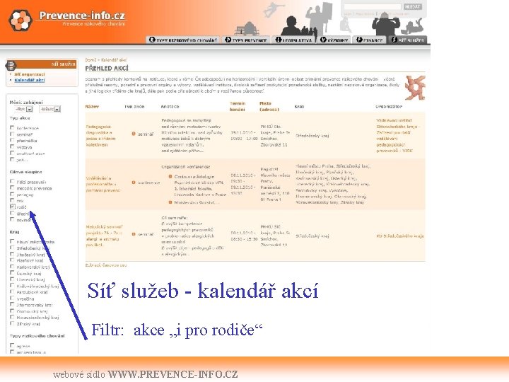 Síť služeb - kalendář akcí Filtr: akce „i pro rodiče“ webové sídlo WWW. PREVENCE-INFO.