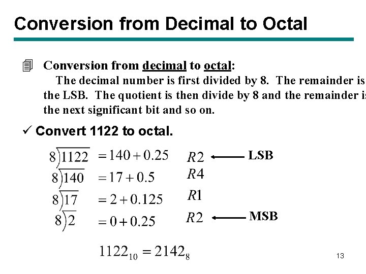 Conversion from Decimal to Octal 4 Conversion from decimal to octal: The decimal number Conversion from Decimal to Octal 4 Conversion from decimal to octal: The decimal number