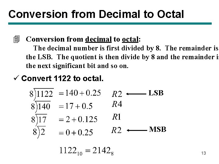 Conversion from Decimal to Octal 4 Conversion from decimal to octal: The decimal number