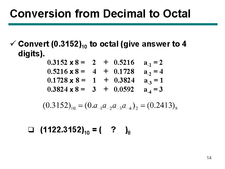 Conversion from Decimal to Octal ü Convert (0. 3152)10 to octal (give answer to Conversion from Decimal to Octal ü Convert (0. 3152)10 to octal (give answer to