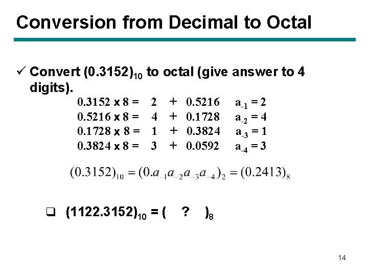 Conversion from Decimal to Octal ü Convert (0. 3152)10 to octal (give answer to