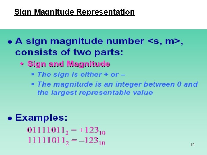 Sign Magnitude Representation 19 Sign Magnitude Representation 19