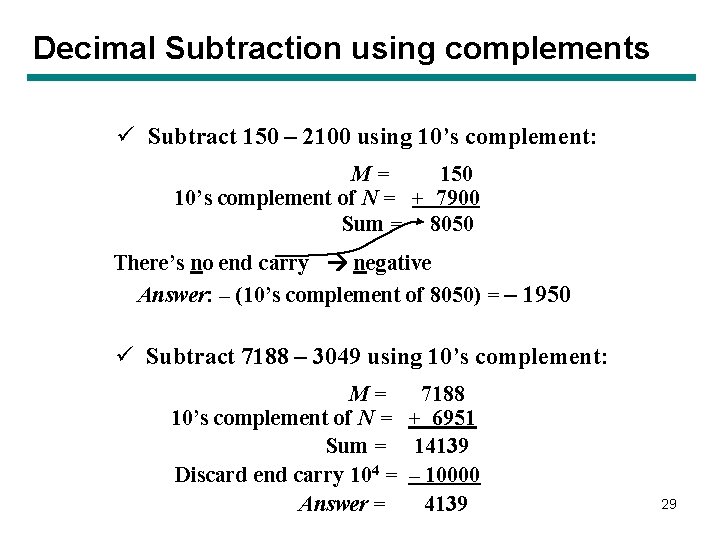 Decimal Subtraction using complements ü Subtract 150 – 2100 using 10’s complement: M= 150 Decimal Subtraction using complements ü Subtract 150 – 2100 using 10’s complement: M= 150