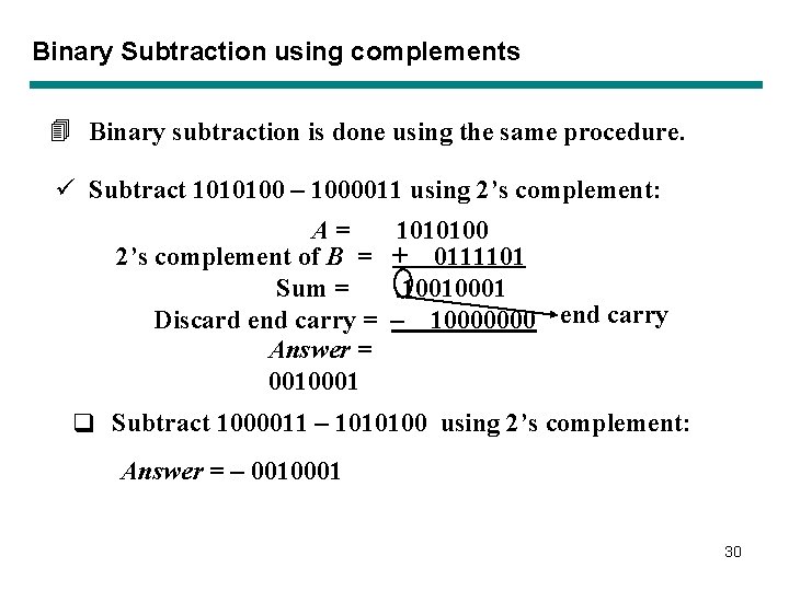 Binary Subtraction using complements 4 Binary subtraction is done using the same procedure. ü Binary Subtraction using complements 4 Binary subtraction is done using the same procedure. ü