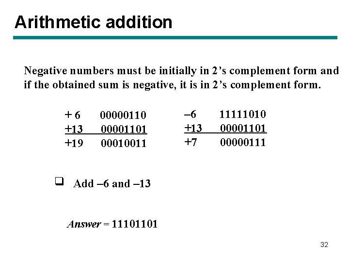 Arithmetic addition Negative numbers must be initially in 2’s complement form and if the Arithmetic addition Negative numbers must be initially in 2’s complement form and if the