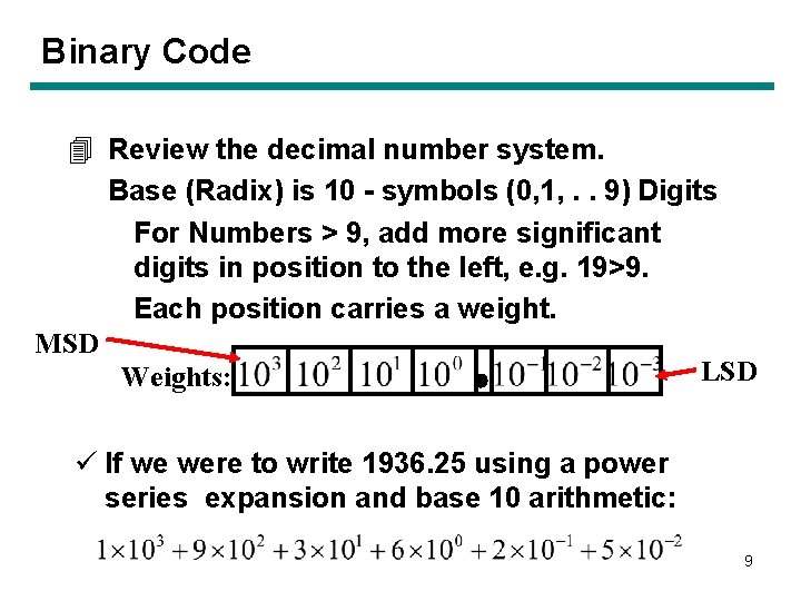 Binary Code 4 Review the decimal number system. Base (Radix) is 10 - symbols