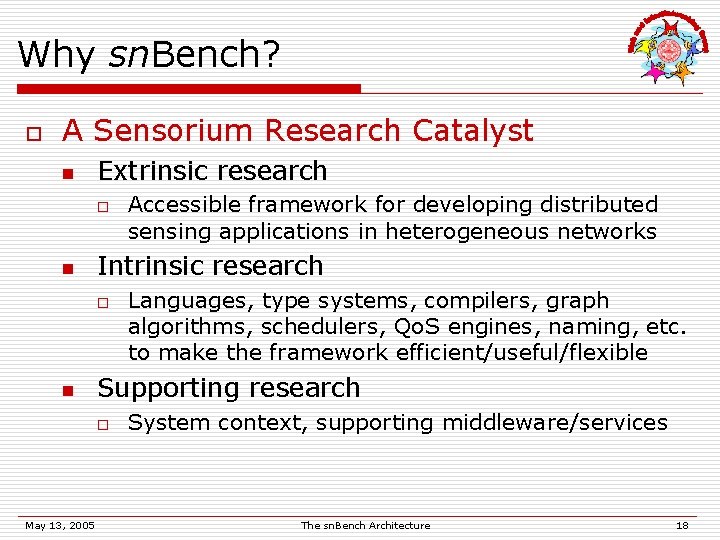 Why sn. Bench? o A Sensorium Research Catalyst n Extrinsic research o n Intrinsic