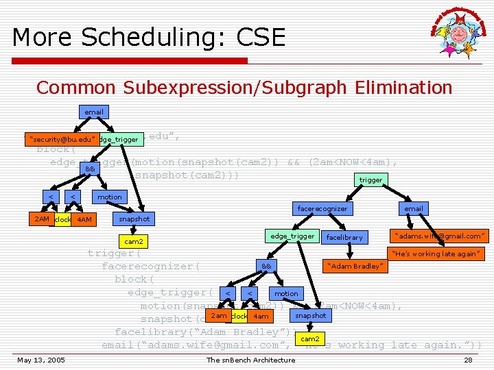 More Scheduling: CSE Common Subexpression/Subgraph Elimination email(“security@bu. edu”, “security@bu. edu”edge_trigger block( edge_trigger(motion(snapshot(cam 2)) &&