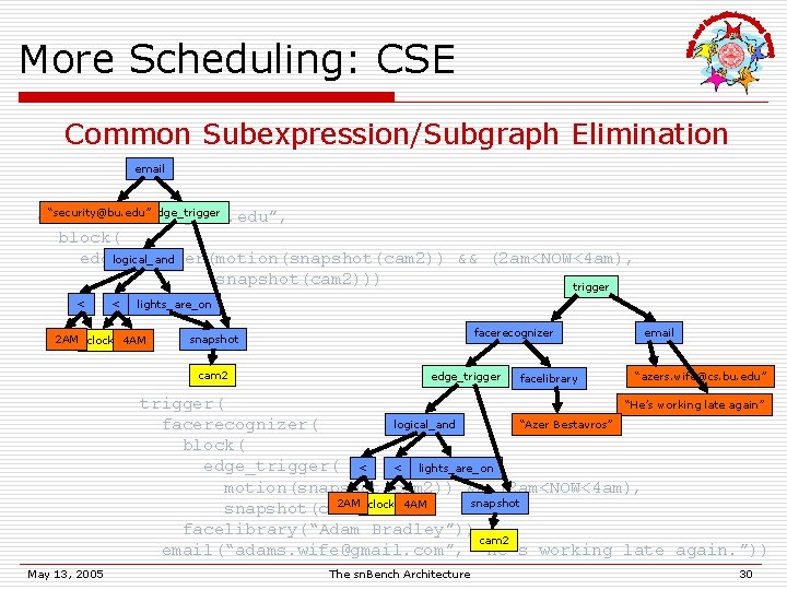 More Scheduling: CSE Common Subexpression/Subgraph Elimination email “security@bu. edu”edge_trigger email(“security@bu. edu”, block( edge_trigger(motion(snapshot(cam 2))