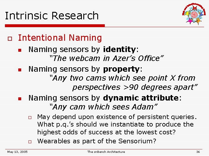 Intrinsic Research o Intentional Naming n n n Naming sensors by identity: “The webcam