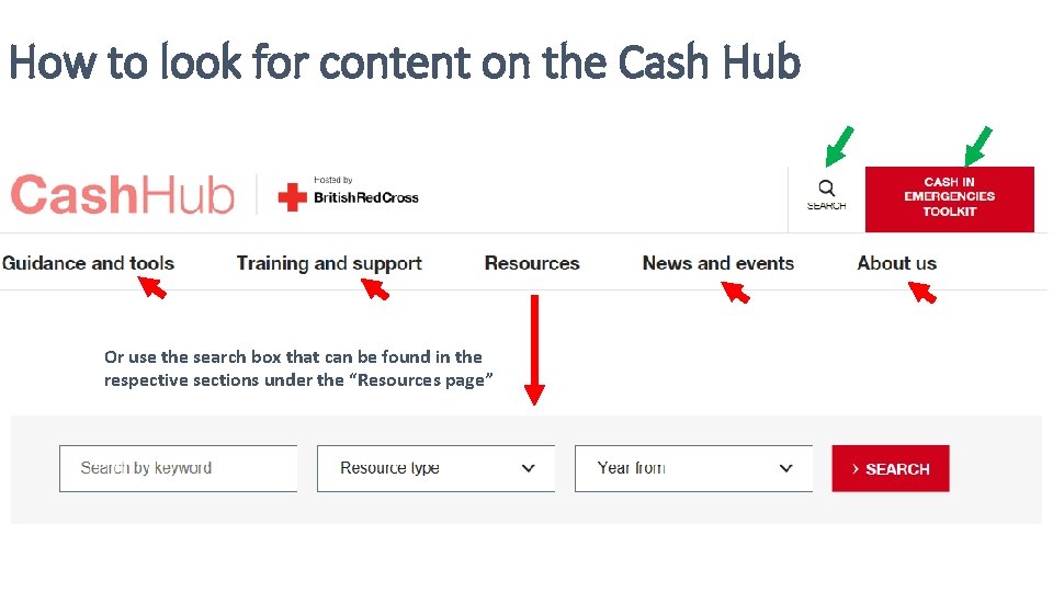 How to look for content on the Cash Hub Or use the search box