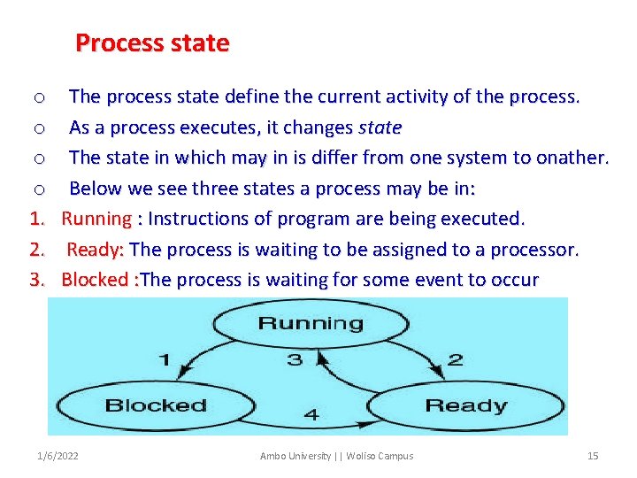 Process state o o 1. 2. 3. The process state define the current activity