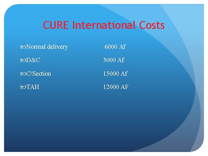 CURE International Costs Normal delivery 6000 Af D&C 3000 Af C/Section 15000 Af TAH