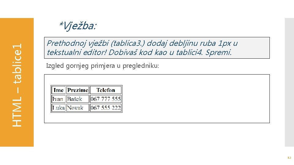 HTML – tablice 1 *Vježba: Prethodnoj vježbi (tablica 3. ) dodaj debljinu ruba 1